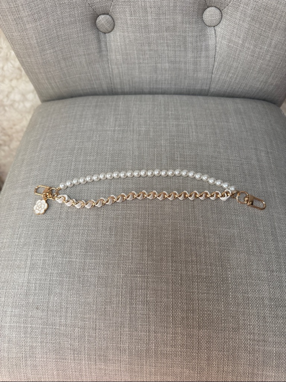 Bag Charm , Pearl and Gold  with Camellia Charm